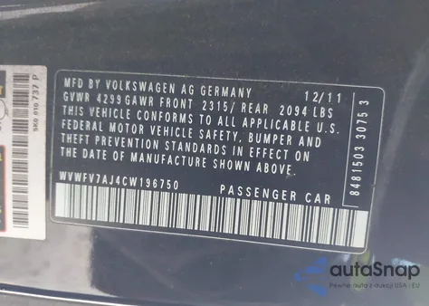 2012 Volkswagen Gti 2-Door Autobahn from USA, damaged, VIN WVWFV7AJ4CW196750
